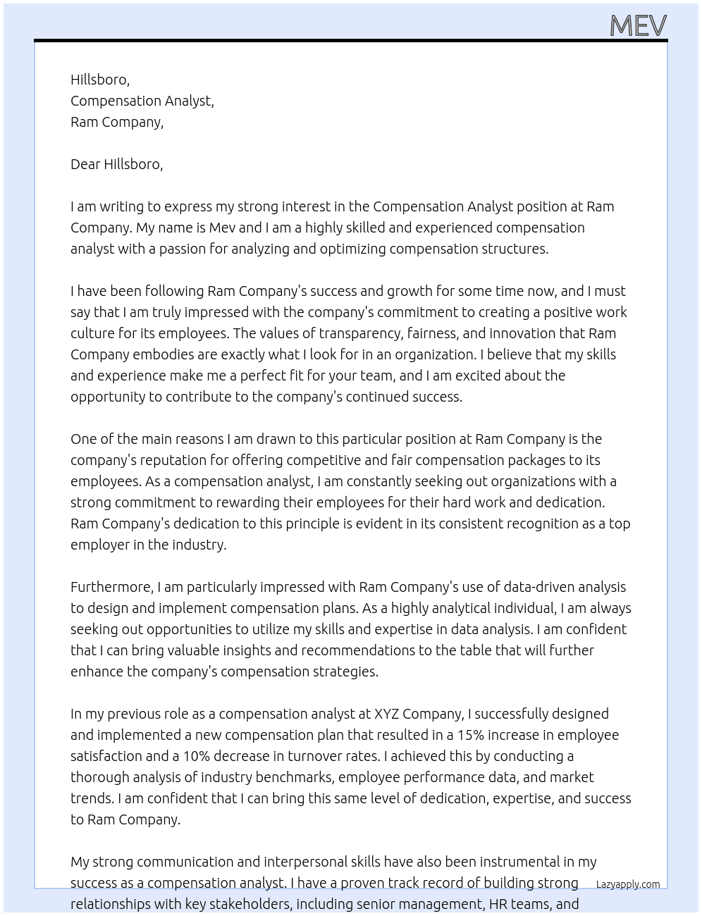 compensation analyst At ram Cover Letter
