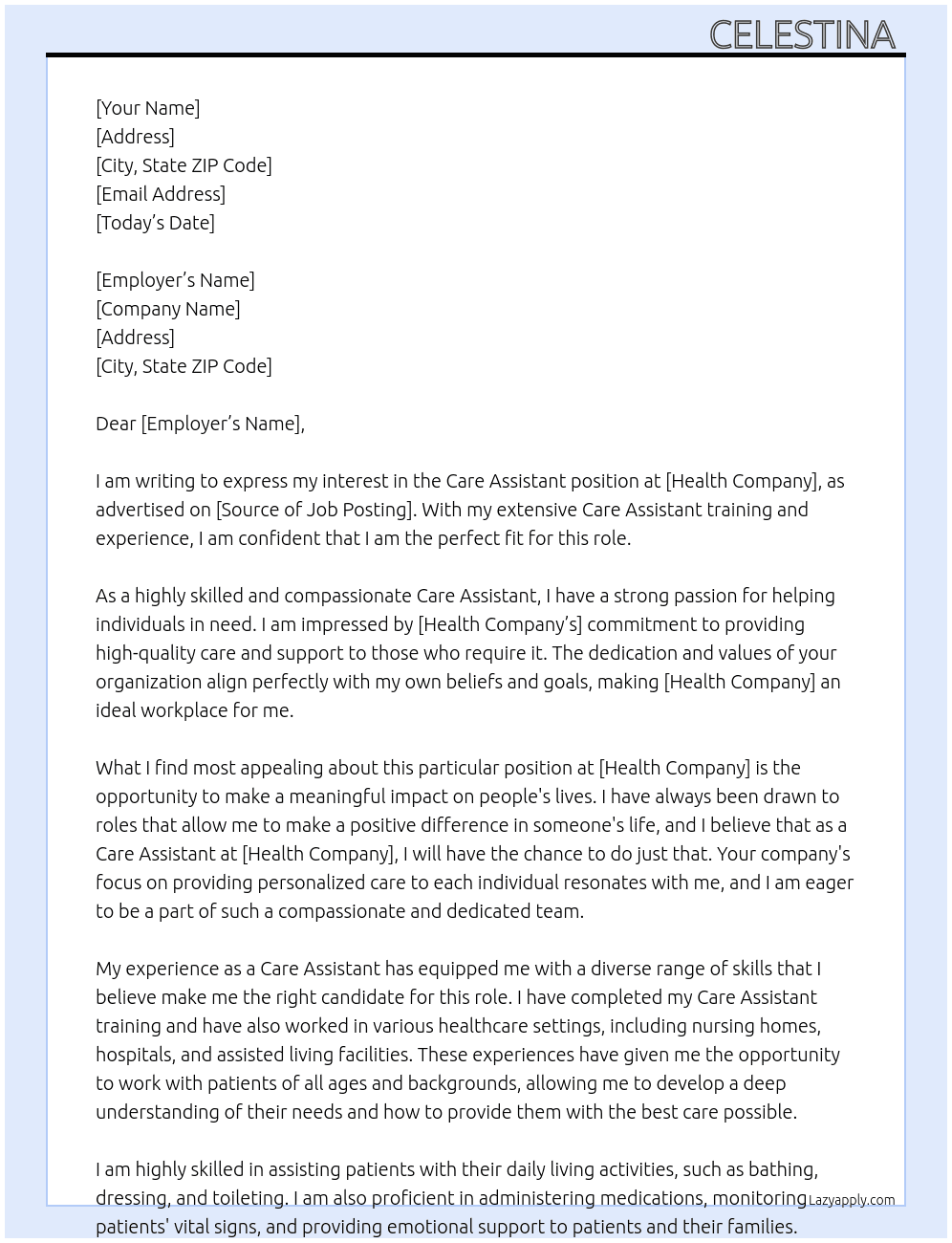 Care Assistant  At Health company  Cover Letter