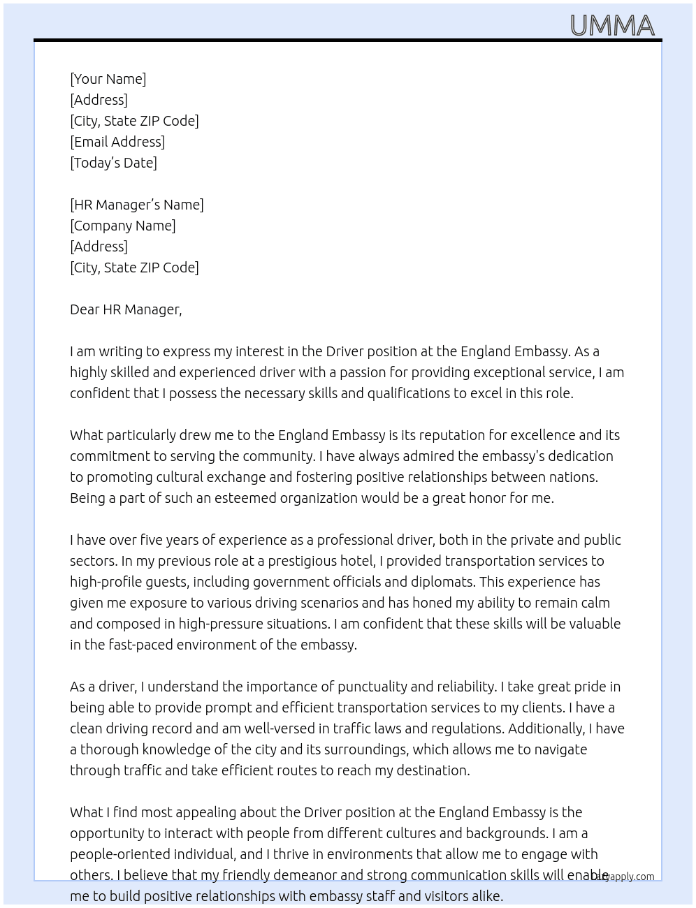 Driver  At England embassy  Cover Letter