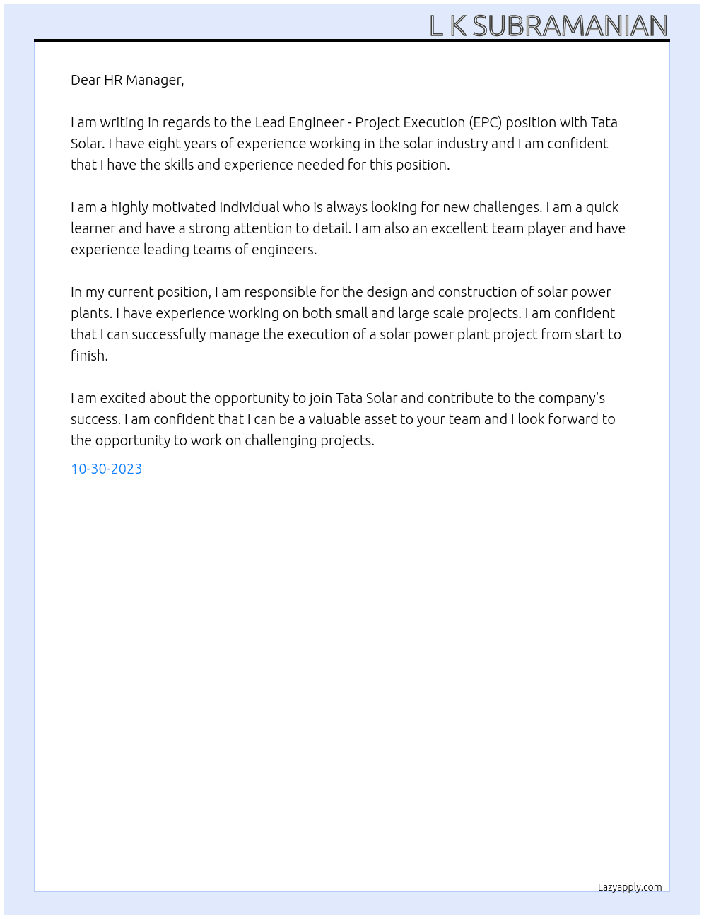 Lead Engineer -Project Execution (EPC) At Tata Solar Cover Letter