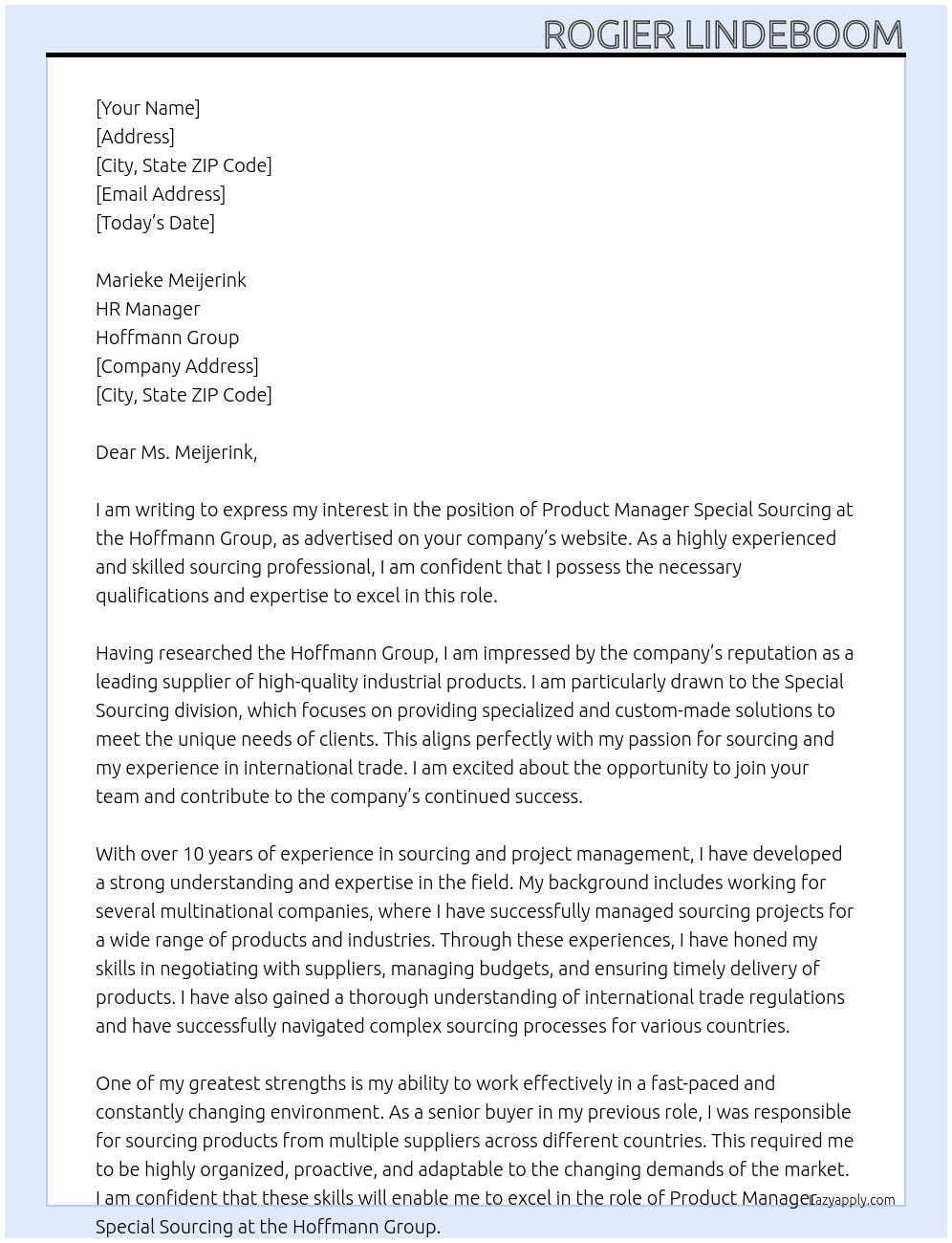 Product Manager Special Sourcing At Hoffmann Group Cover Letter