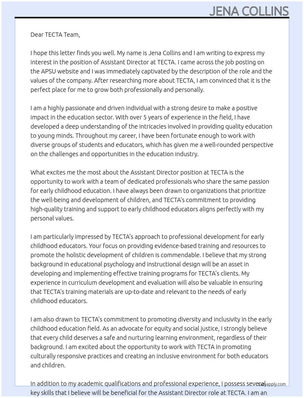 Assistant Director-TECTA At APSU Cover Letter