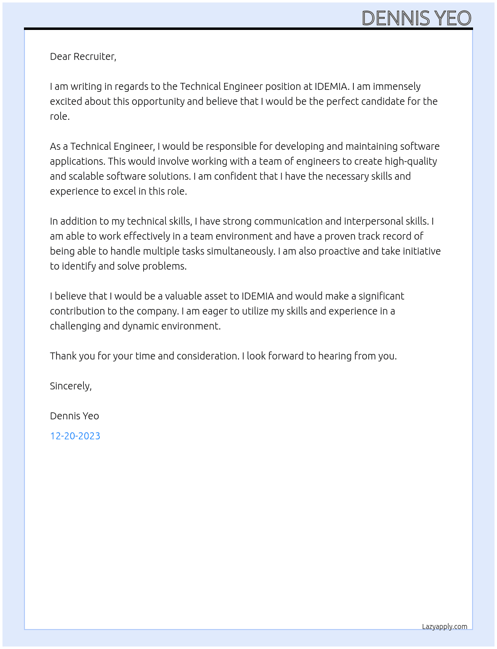 Technical Engineer At IDEMIA Cover Letter