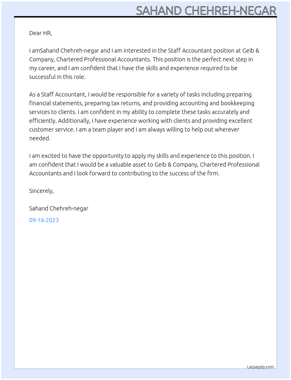 Staff Accountant At Geib & Company, Chartered Professional Accountants Cover Letter