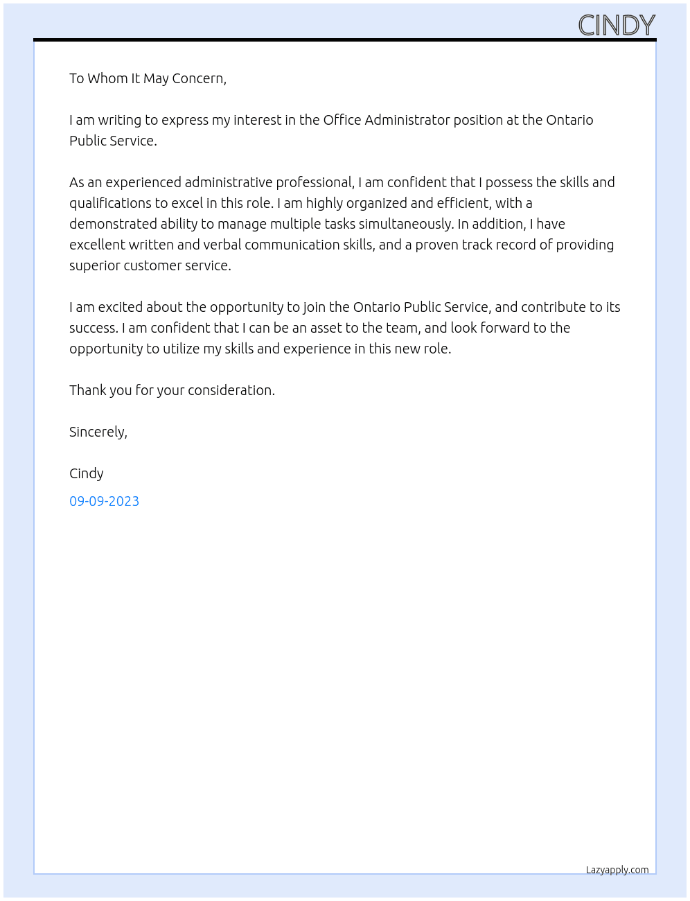 office administrator At ontario public service Cover Letter