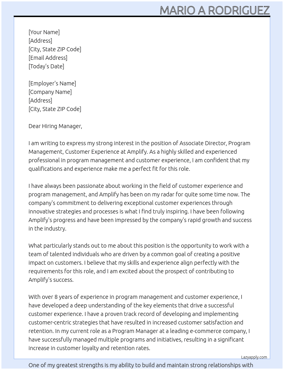 Associate Director, Program Management, Customer Experience At Amplify  Cover Letter