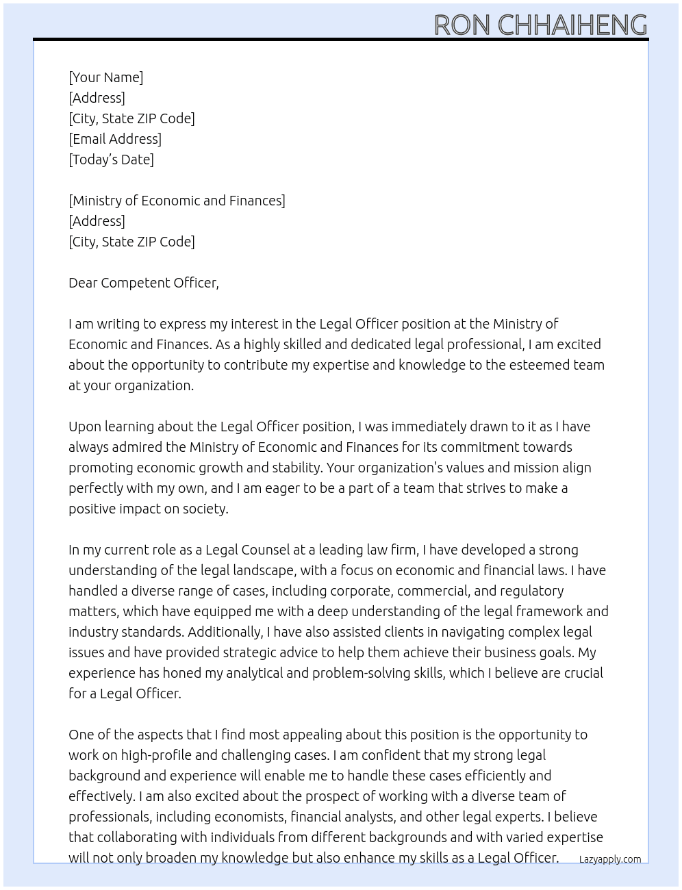 Legal Officer At Ministry of Economic and Finances Cover Letter