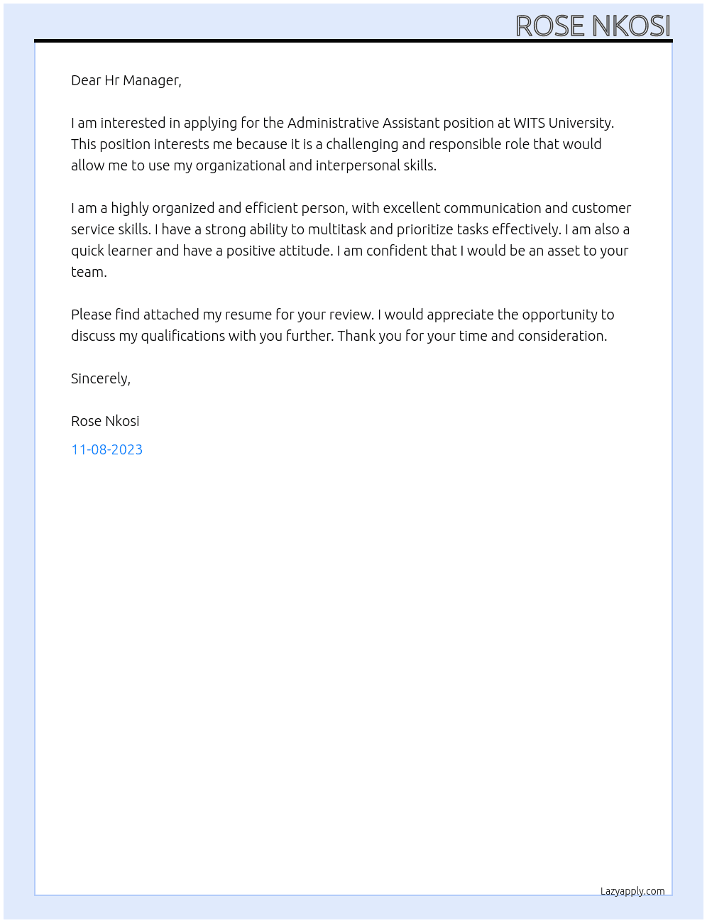  ADMINISTRATIVE ASSISTANT - At WITS University Cover Letter