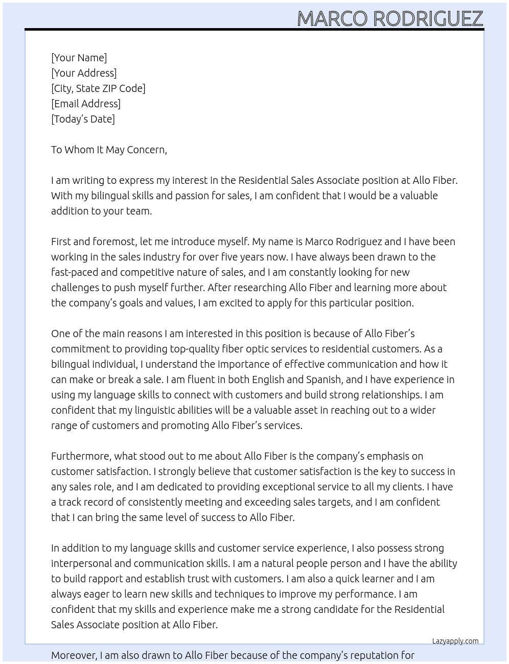 Residential Sales Associate - Bilingual At Allo Fiber Cover Letter