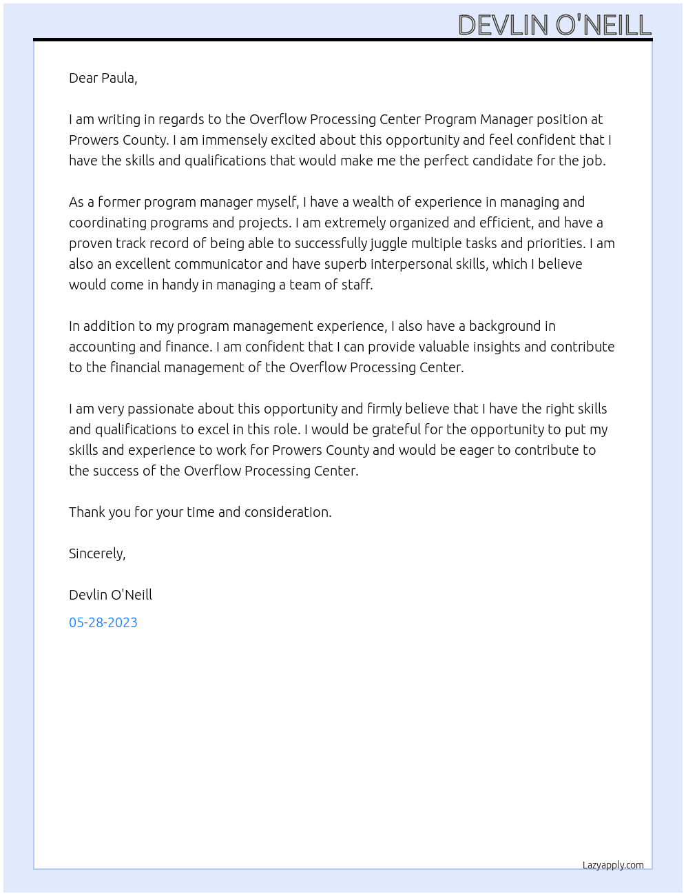 Overflow Processing Center Program Manager At Prowers County Cover Letter