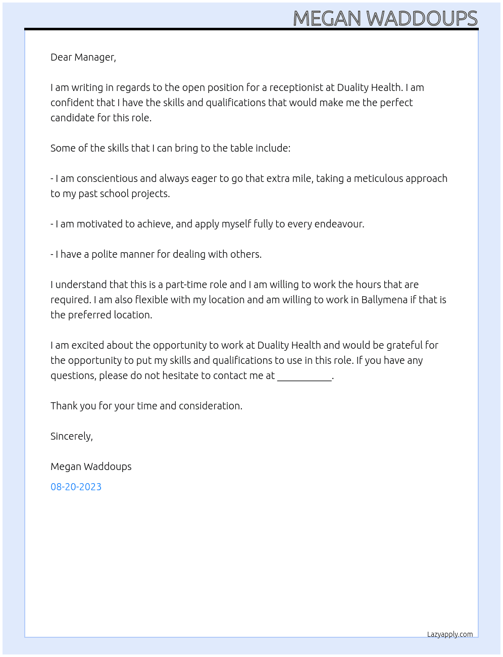 Receptionist  At Duality Health Cover Letter