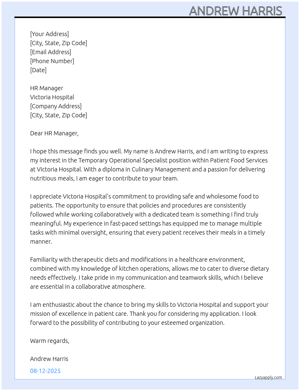 Temporary Operational Specialist - Patient Food Services At Victoria Hospital Cover Letter