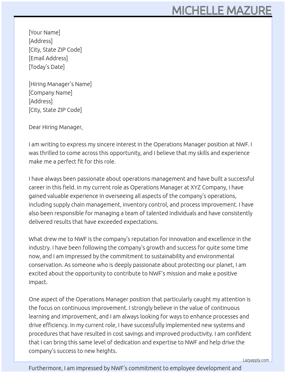 Operations Manager  At NWF Cover Letter
