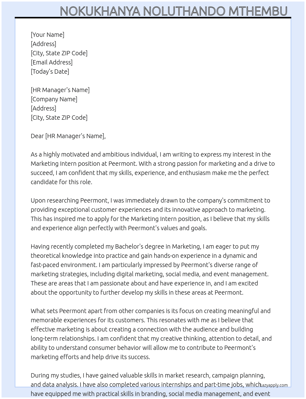Marketing Intern  At Peermont Cover Letter