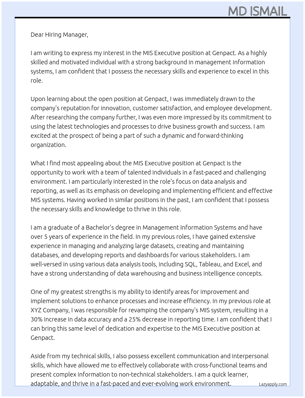 Mis Executive  At Genpact  Cover Letter
