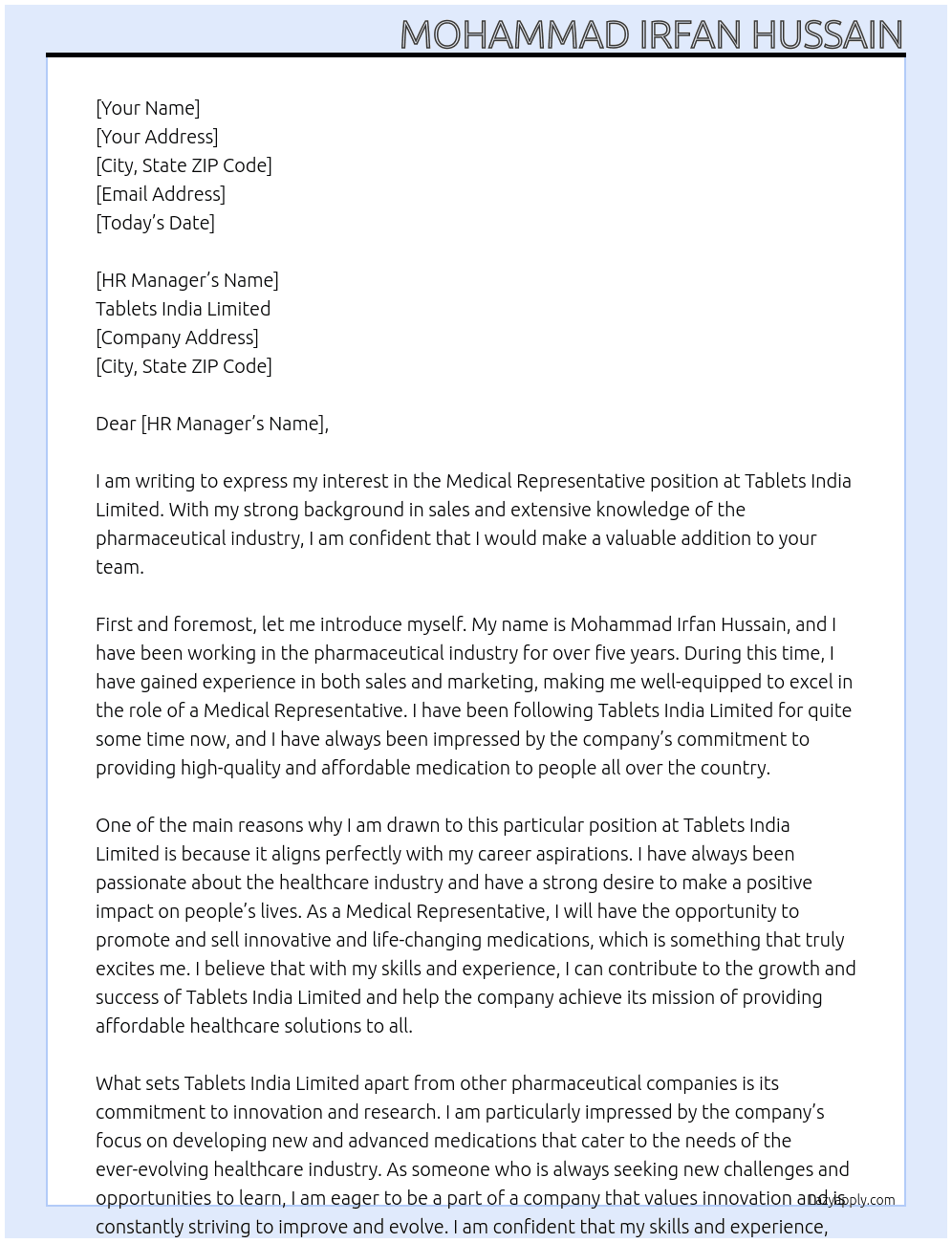 Medical Representative At Tablets India Limited Cover Letter