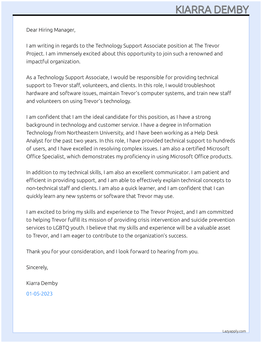 Technology Support Associate At The Trevor Project Cover Letter