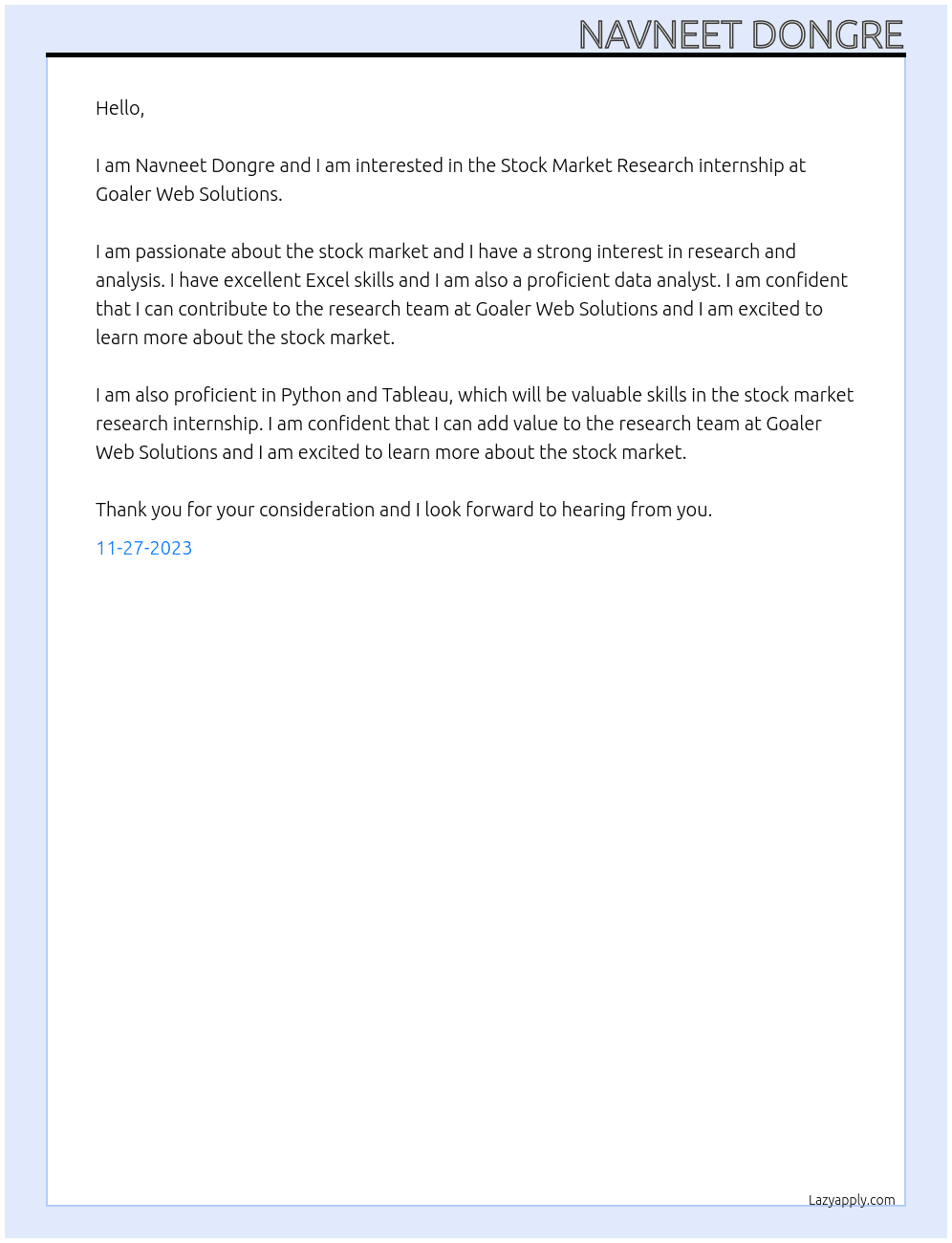 Stock Market Research internship At Goaler Web Solutions Cover Letter