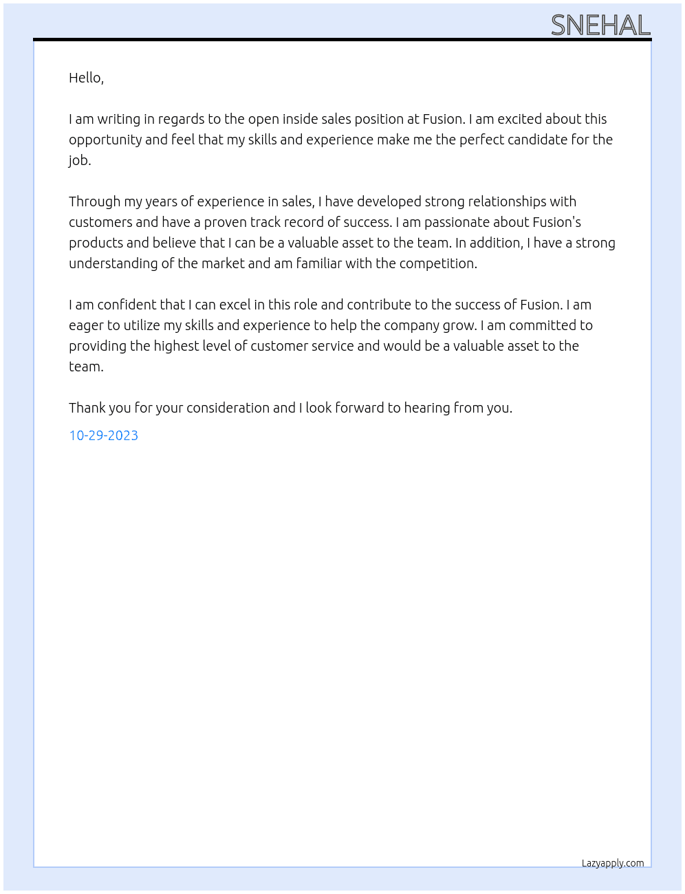 Inside sales position  At Fusion Cover Letter