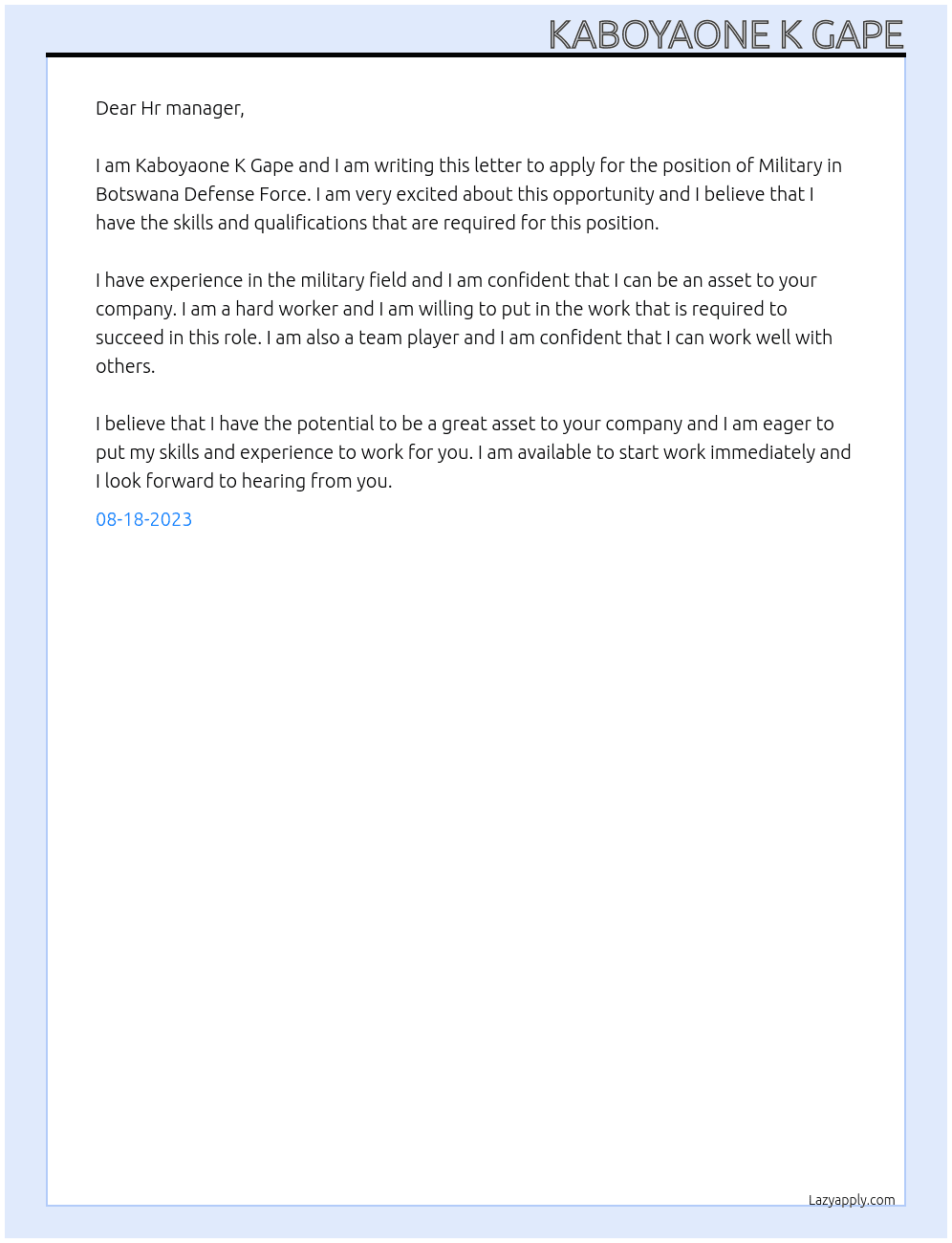 Military  At Botswana Defense Force  Cover Letter