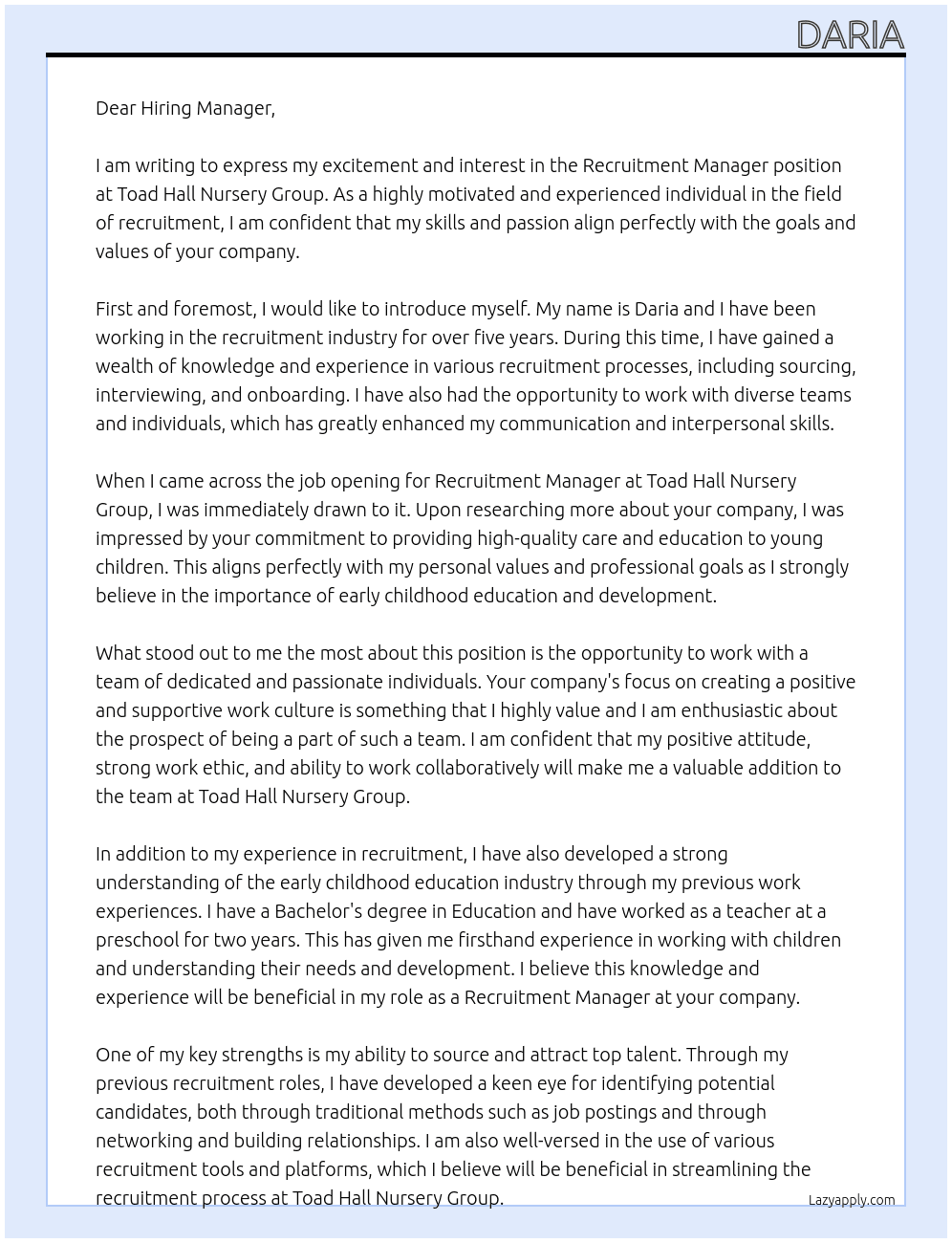 Recruitment Manager At Toad Hall Nursery Group Cover Letter