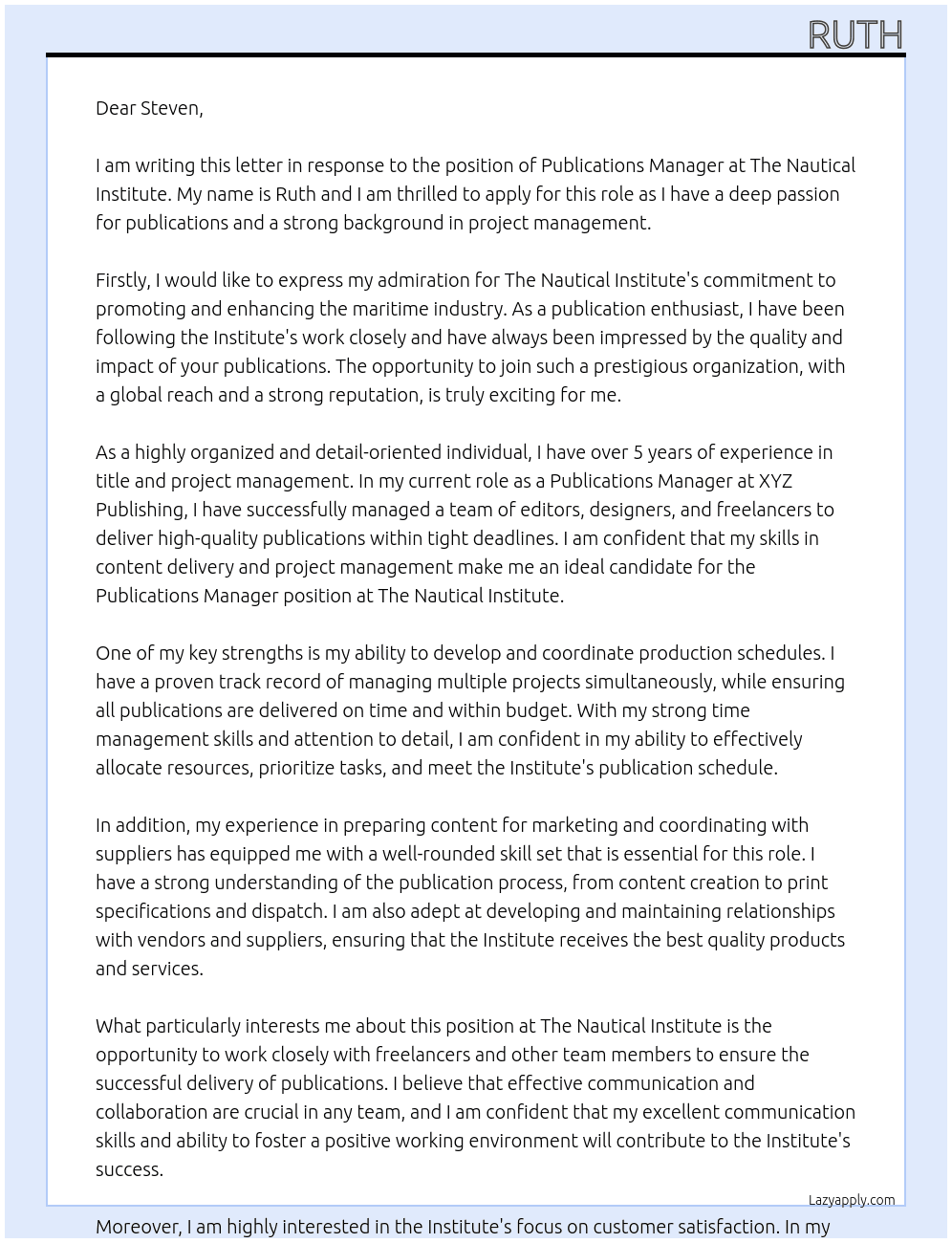 Publications manager At The Nautical Institute  Cover Letter