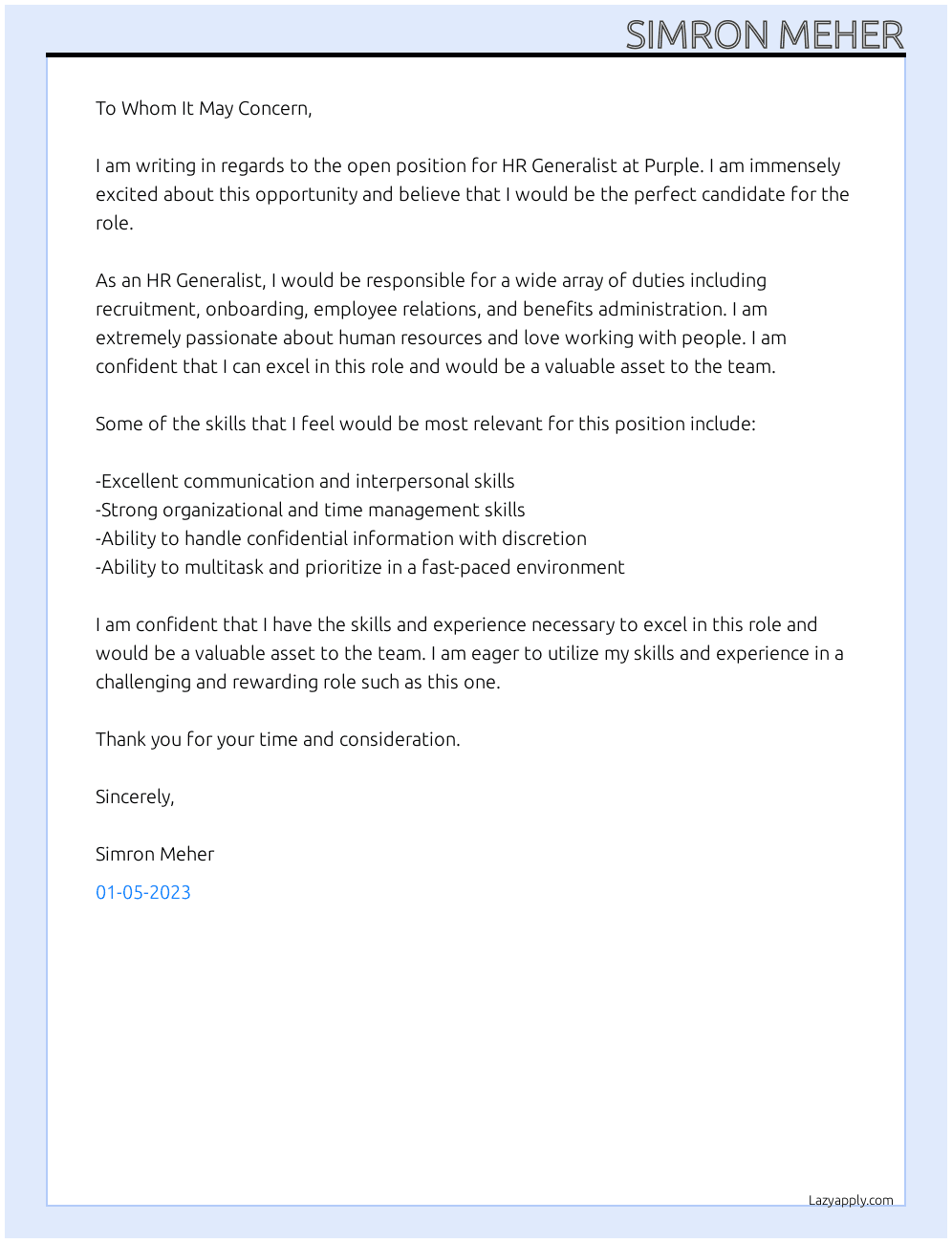 Hr Generalist At Purple Cover Letter