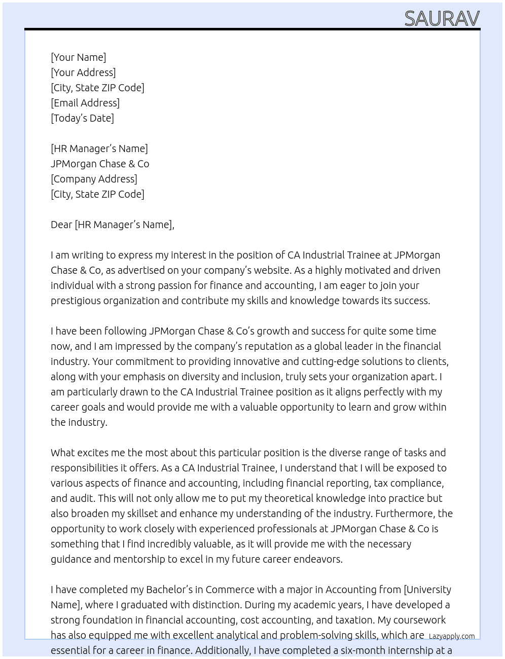 CA Industrial trainee At JPMorgan Chase & Co Cover Letter