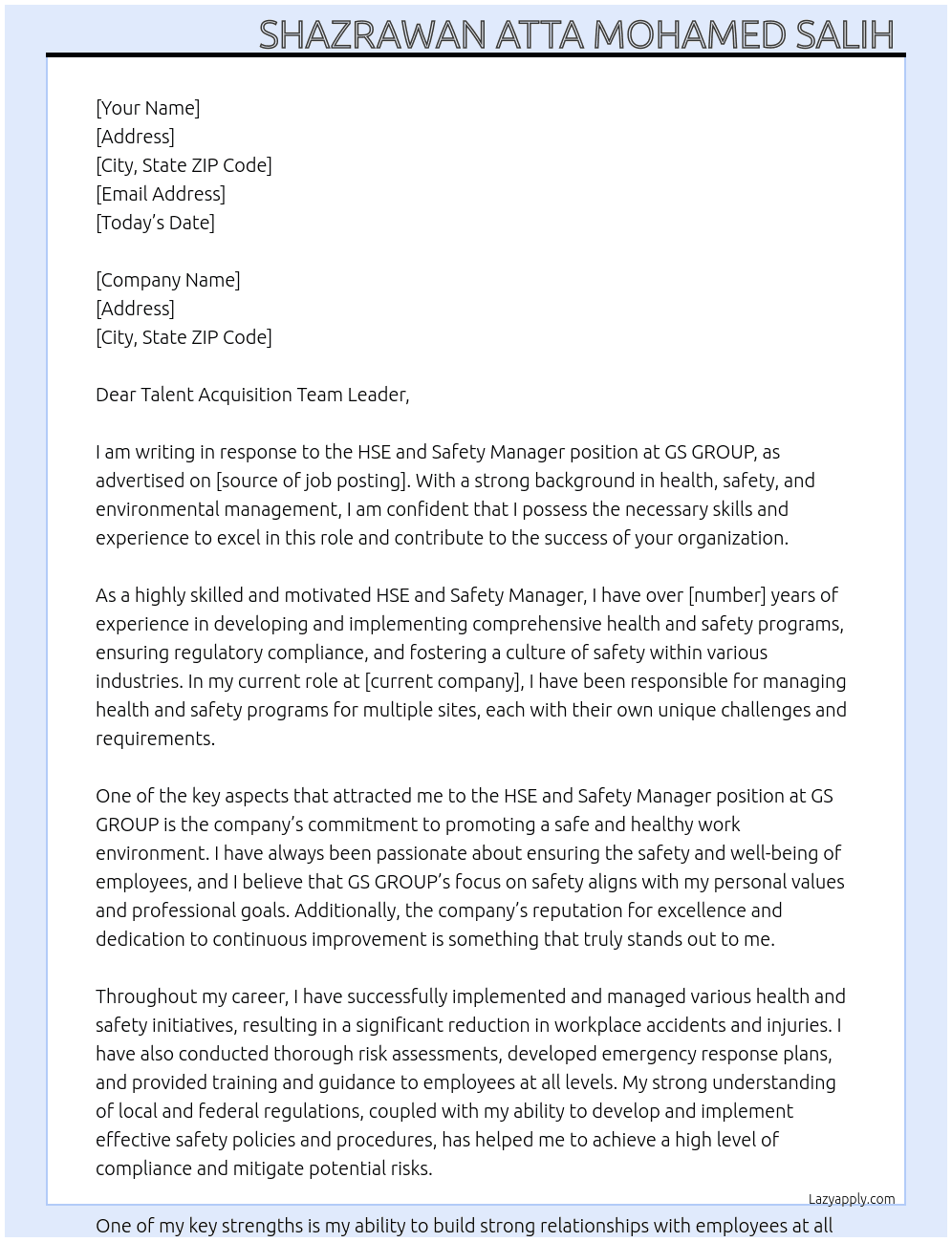 HSE and Safety Manager  At GS GROUP Cover Letter