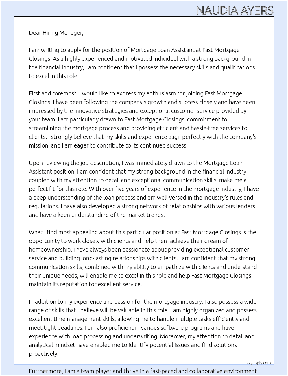 Mortgage Loan Assistant At Fast Mortgage Closings Cover Letter