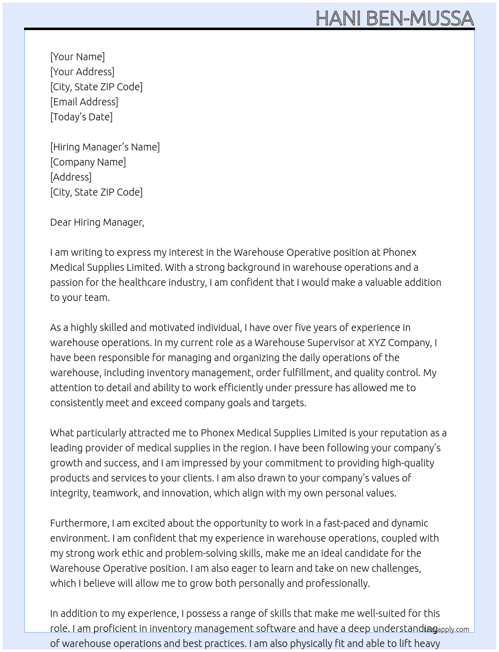 Warehouse Operative At Phonex Medical Supplies Limited Cover Letter
