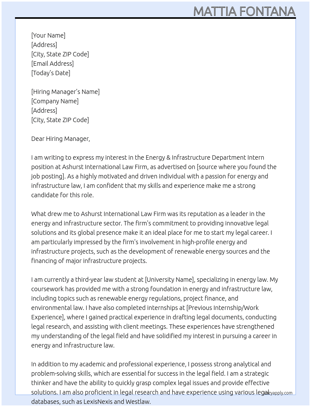 Energy & Infrastructure Department Intern At Energy & Infrastructure Department - Ashurst International Law Firm Cover Letter