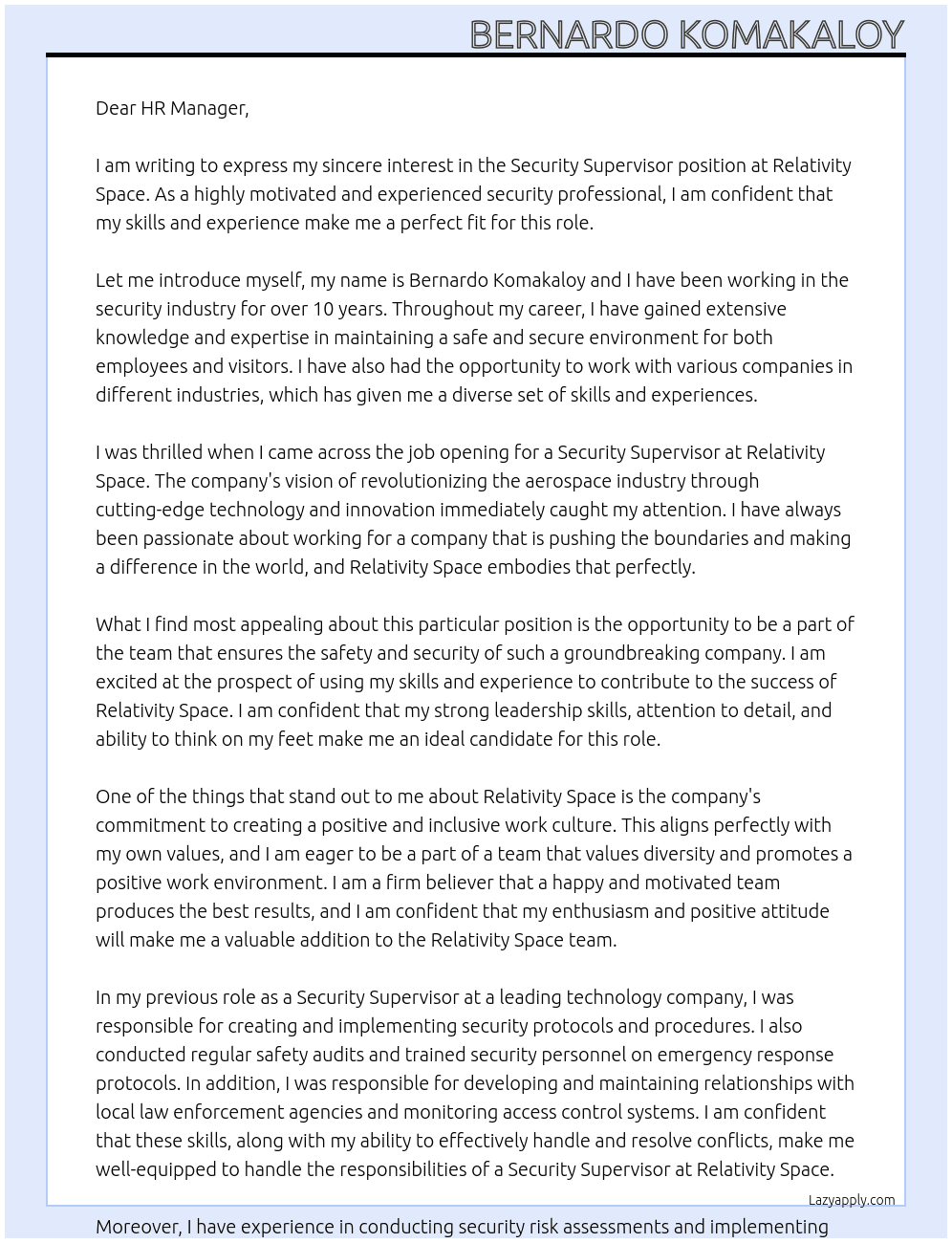 Security Supervisor  At Relativity Space Cover Letter