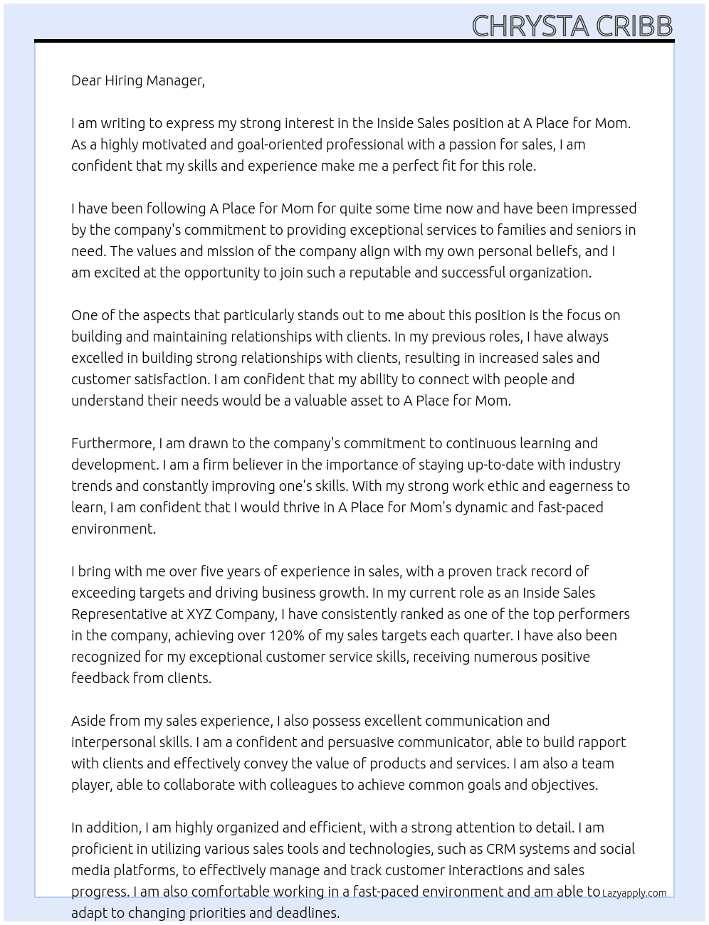 Inside Sales At A Place for Mom Cover Letter