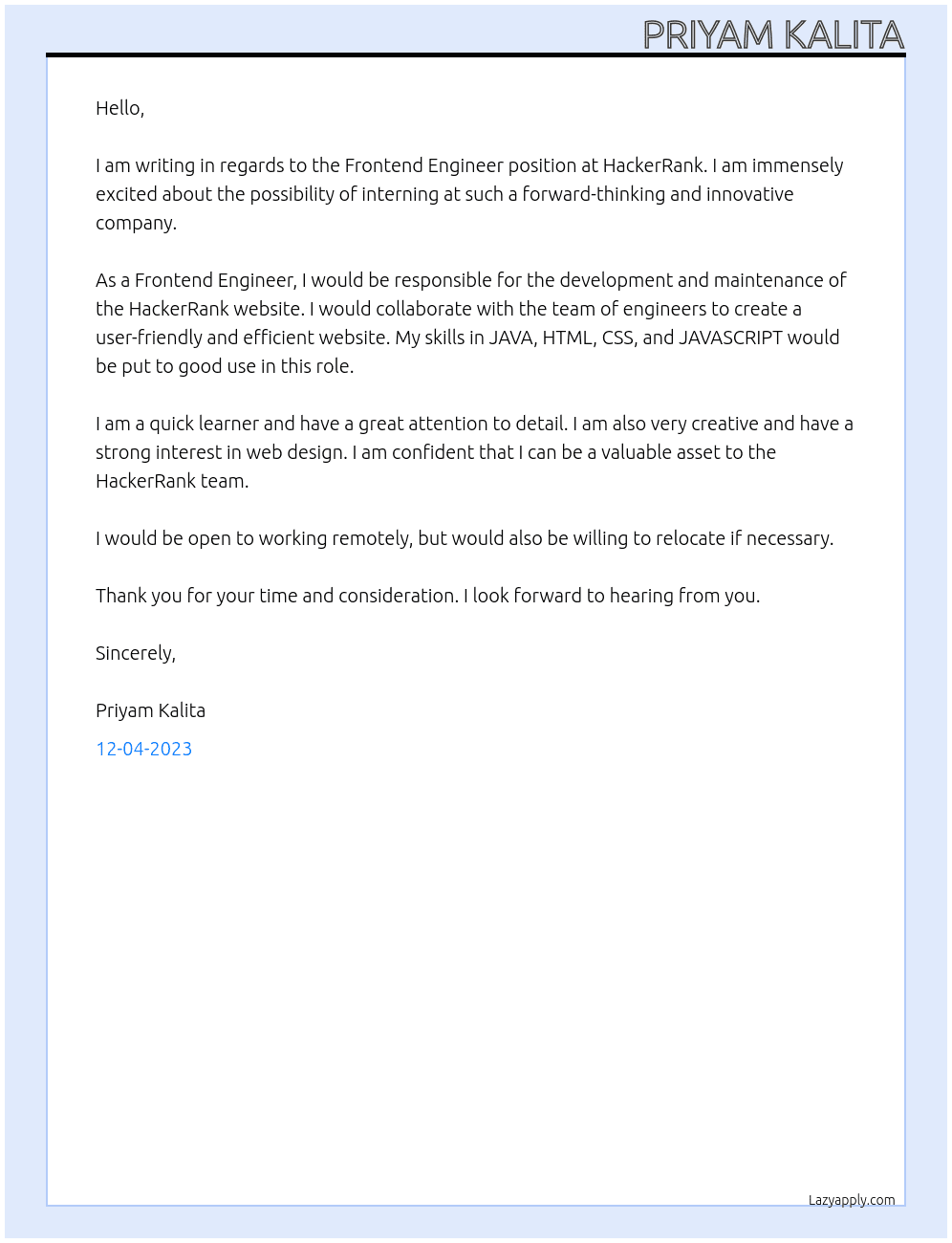 Frontend Engineer  At HackerRank Cover Letter