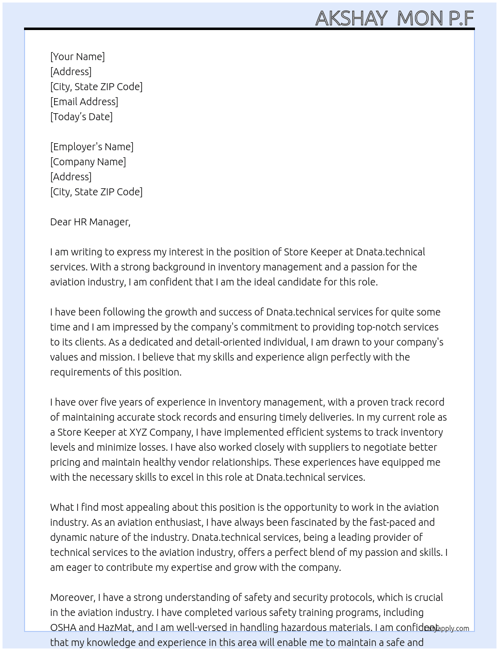 Store keeper  At Dnata.technical services Cover Letter