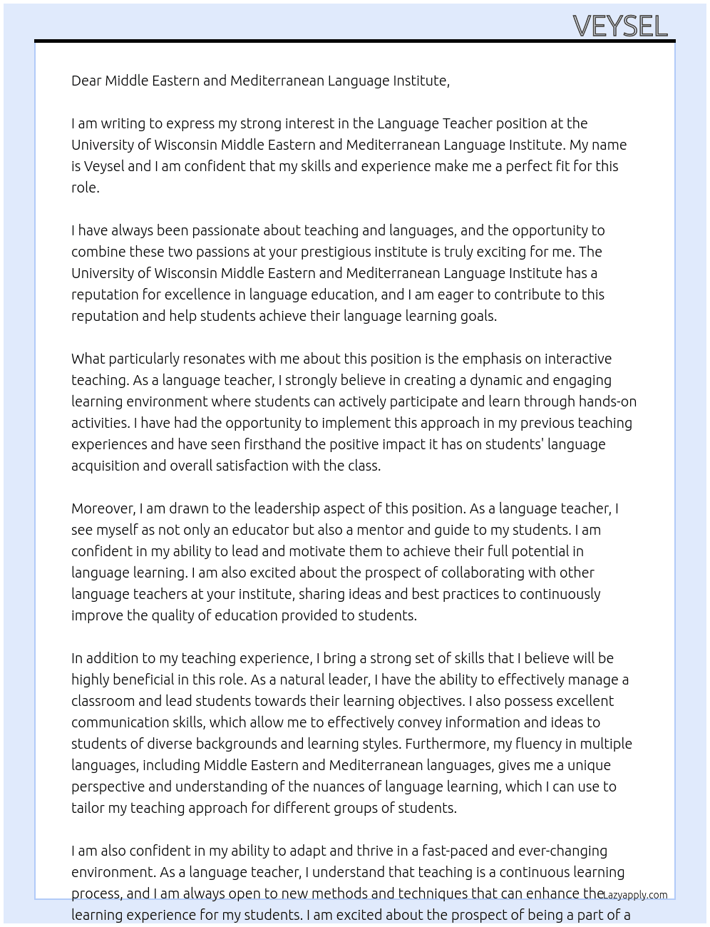 Language teacher  At University of Wisconsin Middle Eastern and Mediterranean Language Institute Cover Letter