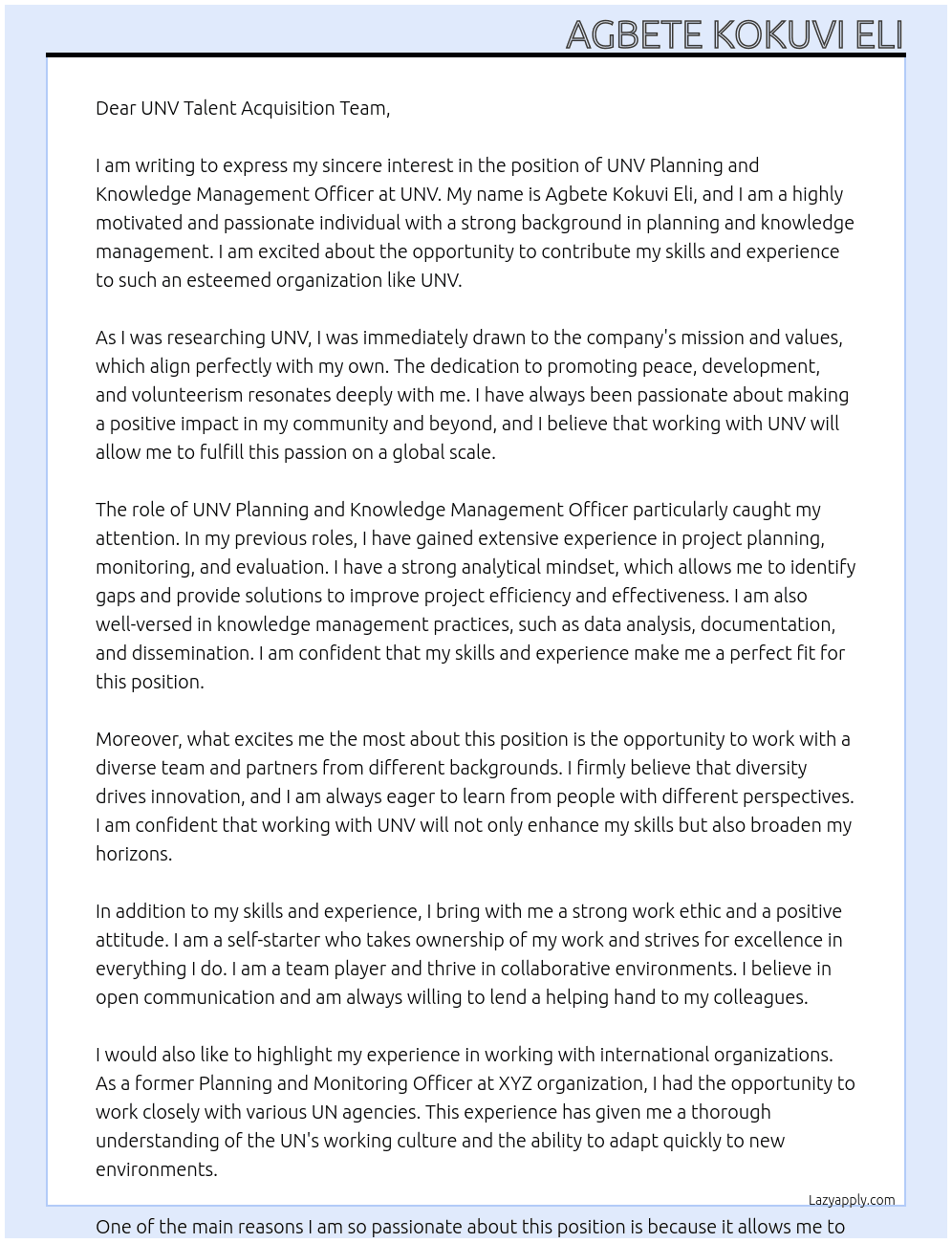 UNV Planning and Knowledge Management Officer At UNV Cover Letter