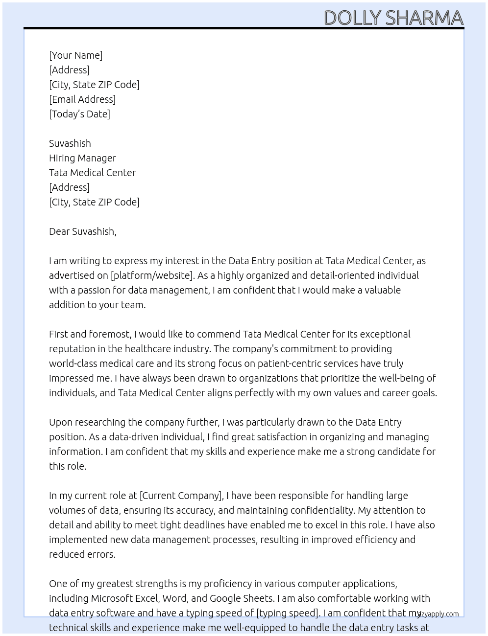 Data Entry At Tata medical center Cover Letter