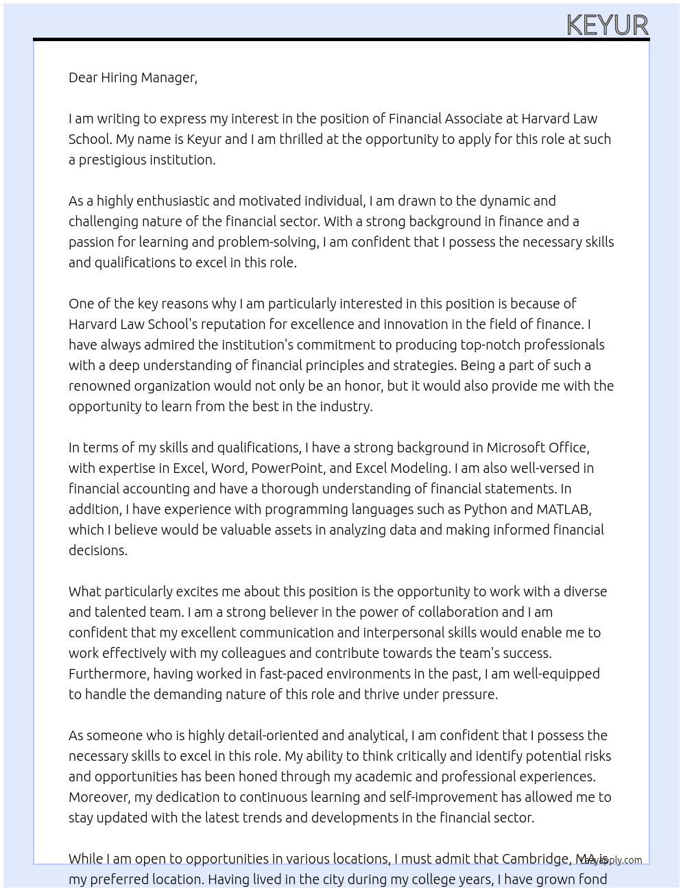 Financial Associate At Harvard Law School Cover Letter