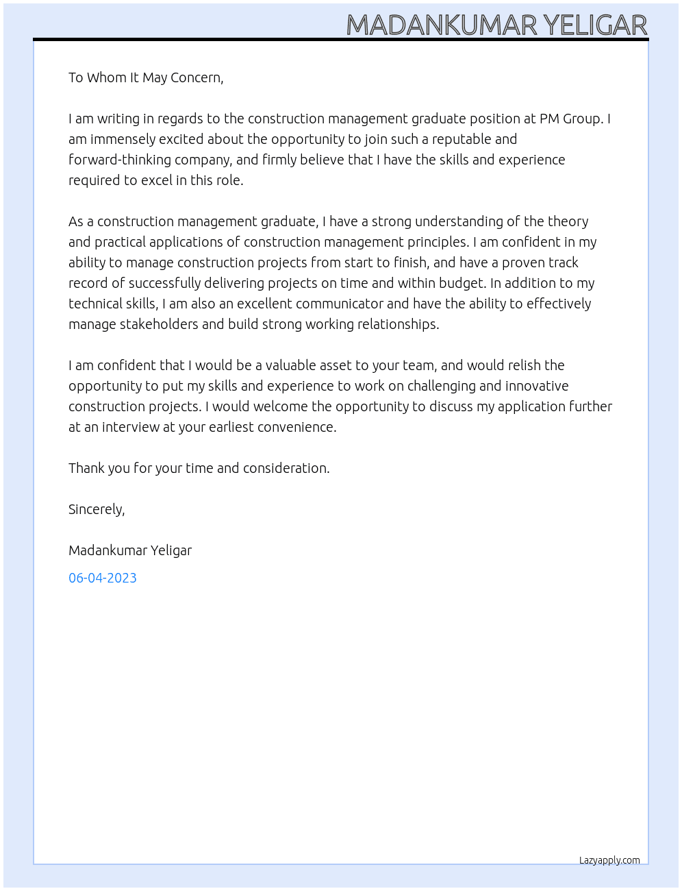 Construction management graduate  At PM GROUP Cover Letter