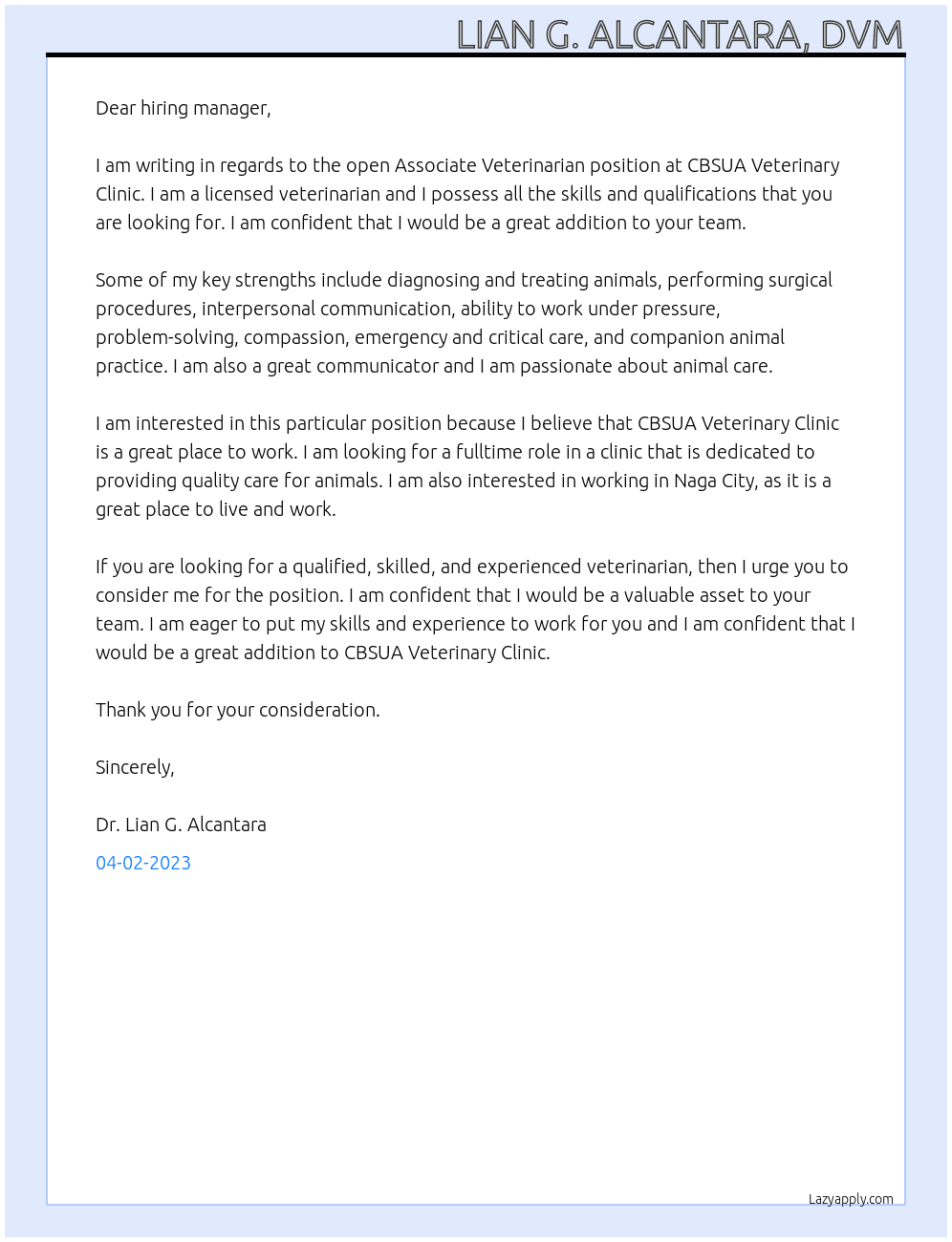 Associate Veterinarian  At CBSUA Veterinary Clinic  Cover Letter