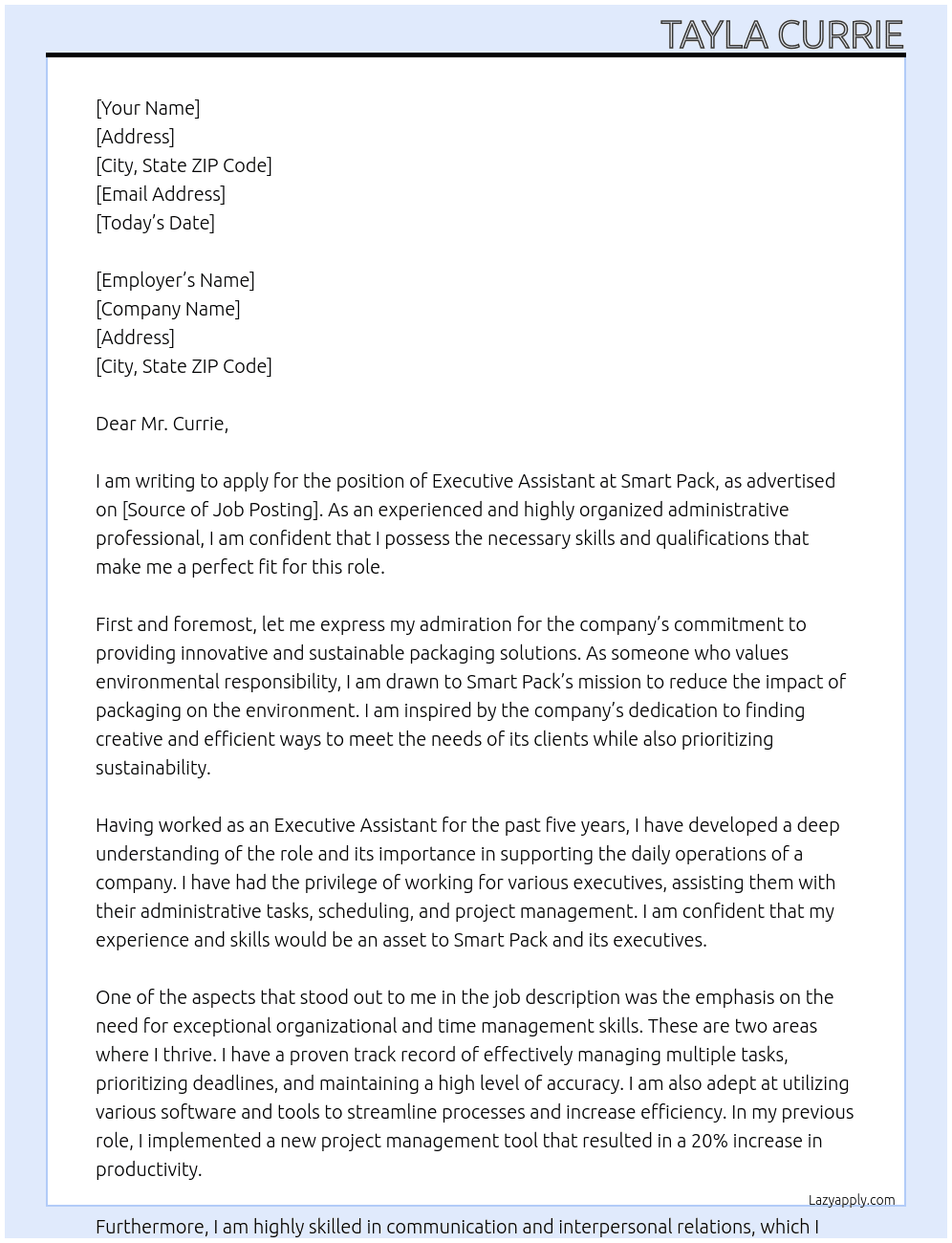 Executive Assistant At Smart Pack Cover Letter