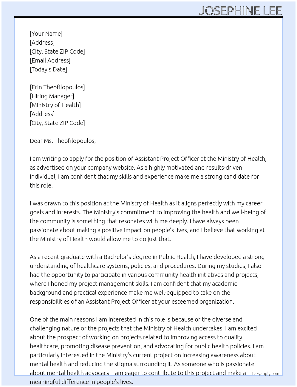 Assistant Project Officer At Ministry of Health Cover Letter