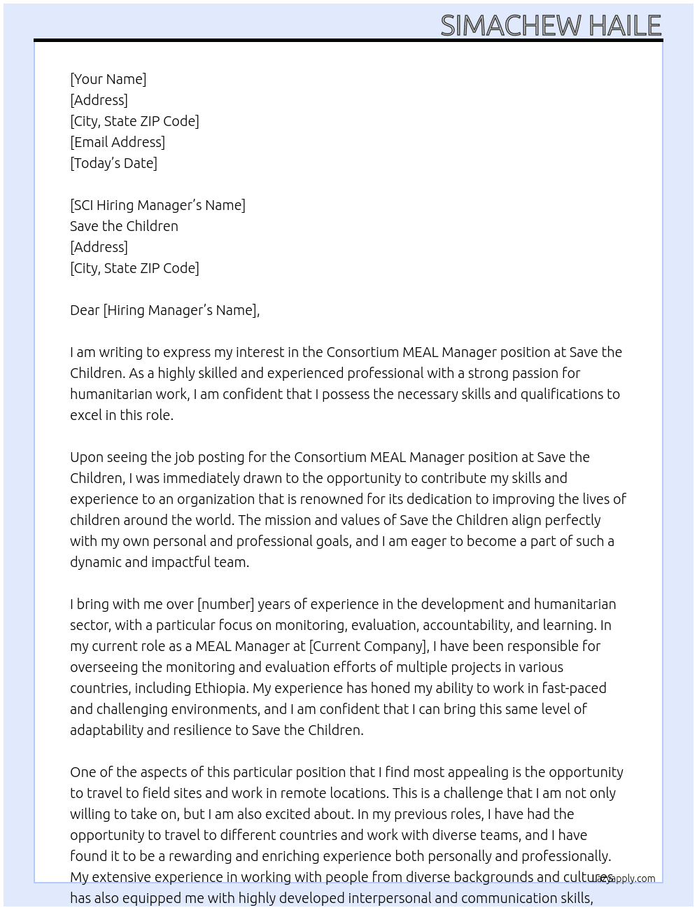 Consortium MEAL Manager  At SCI Cover Letter