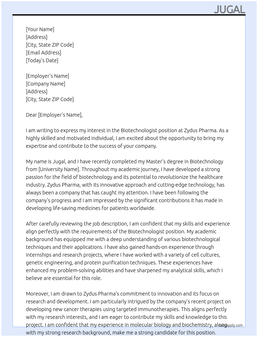 biotechnologist At zydus pharma Cover Letter