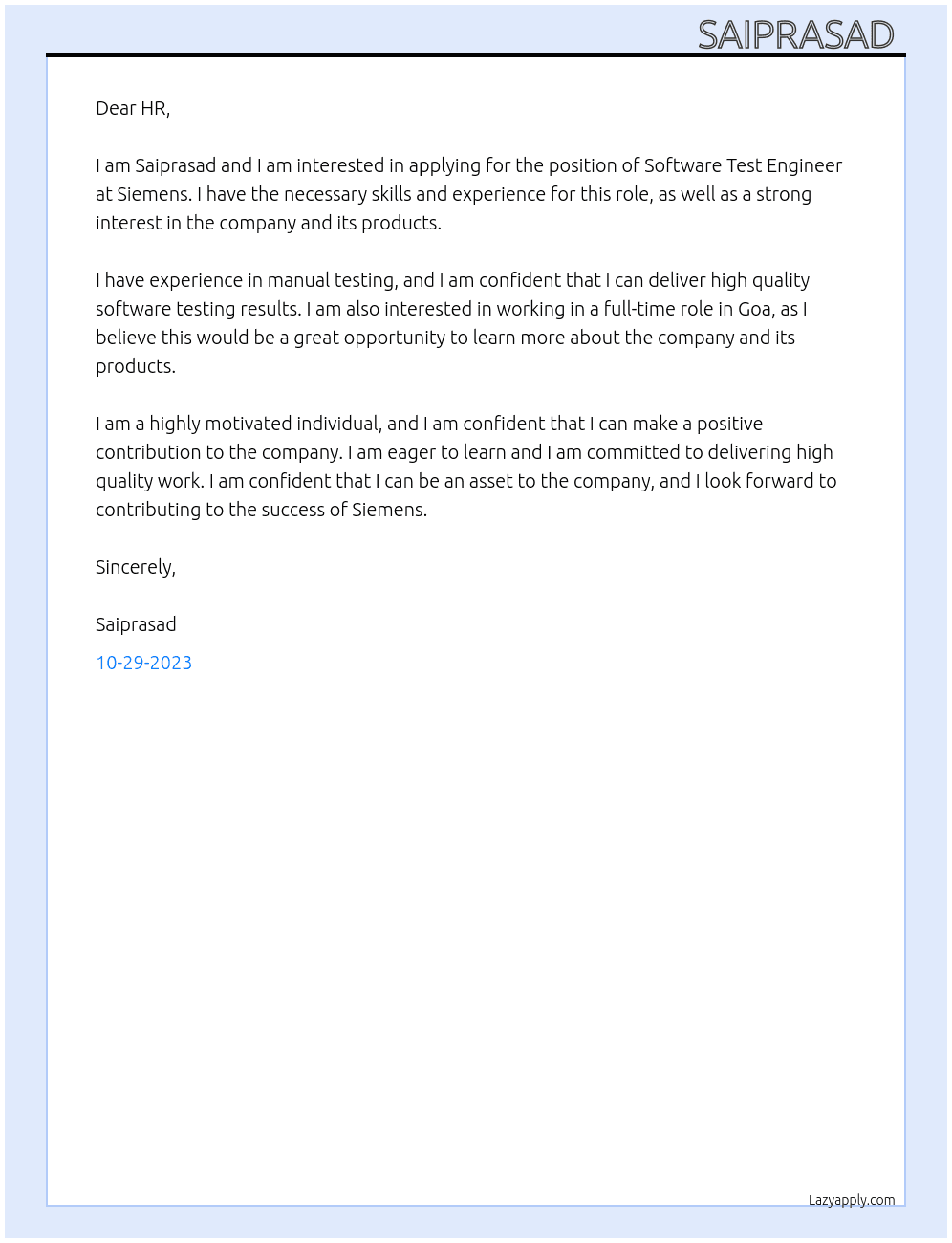 Software Test Engineer  At Siemens  Cover Letter