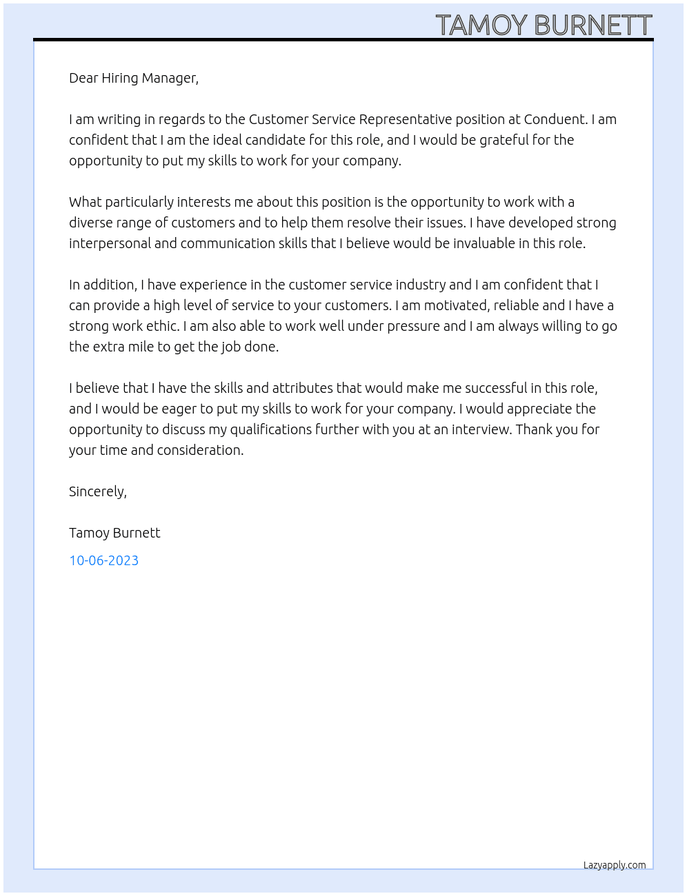 Customer Service Representative  At Conduent Cover Letter