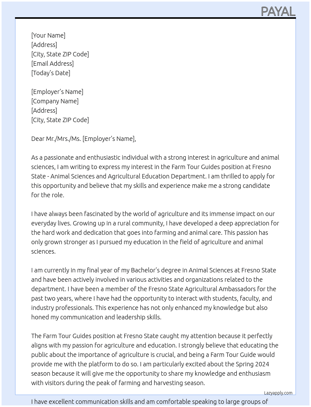Farm Tour Guides for Spring 2024 At Fresno State - Animal Sciences and Agricultural Education Department Cover Letter
