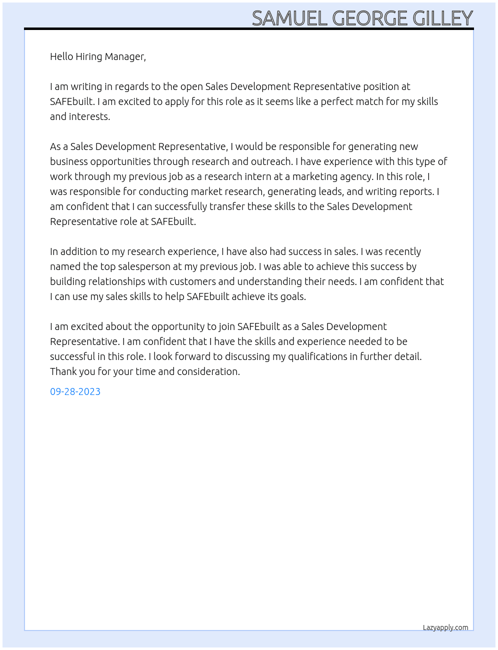 Sales Development Representative At SAFEbuilt  Cover Letter